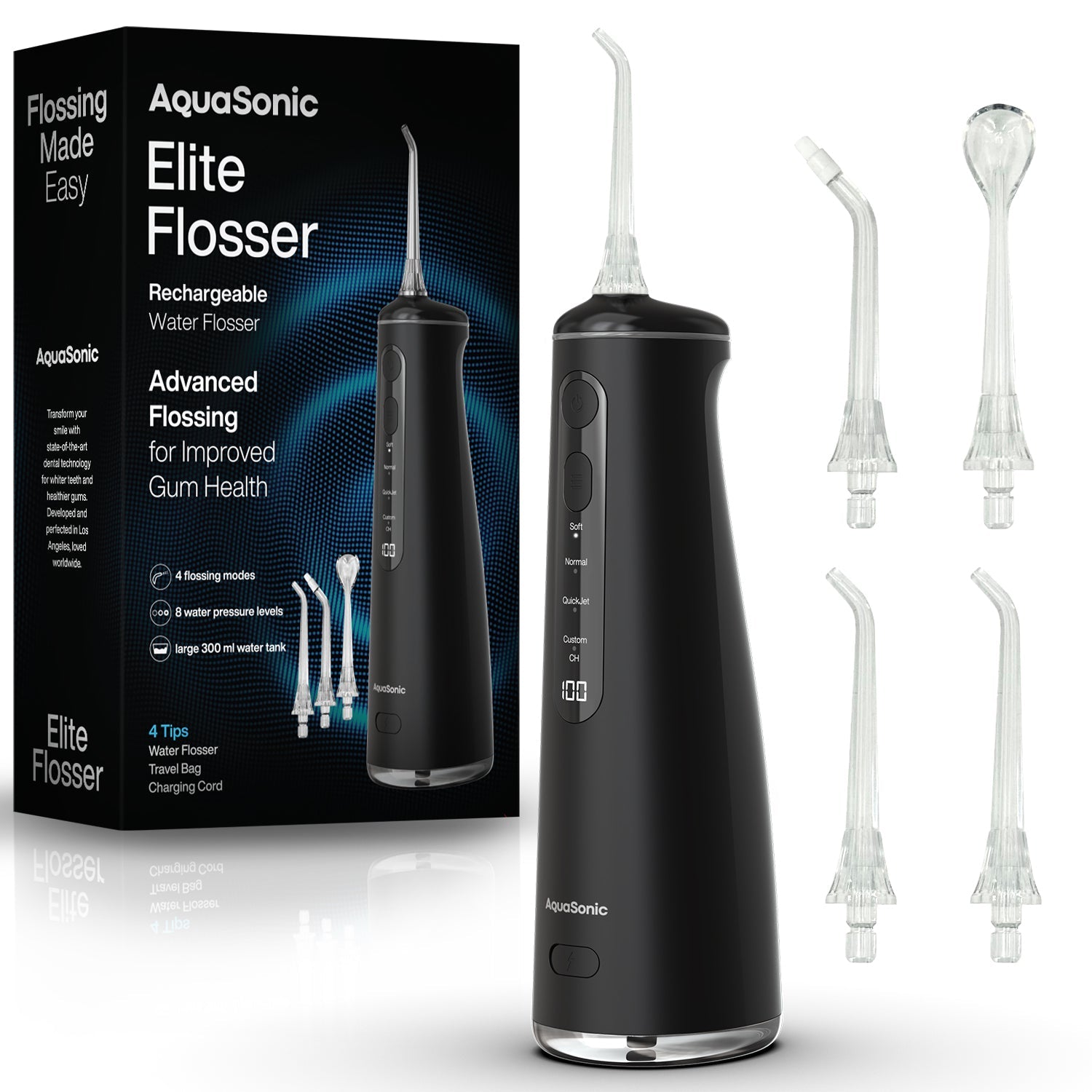 Elite Flosser - Rechargeable Water Flosser with 4 Tips - Oral Irrigator with 4 Modes - Portable & Cordless