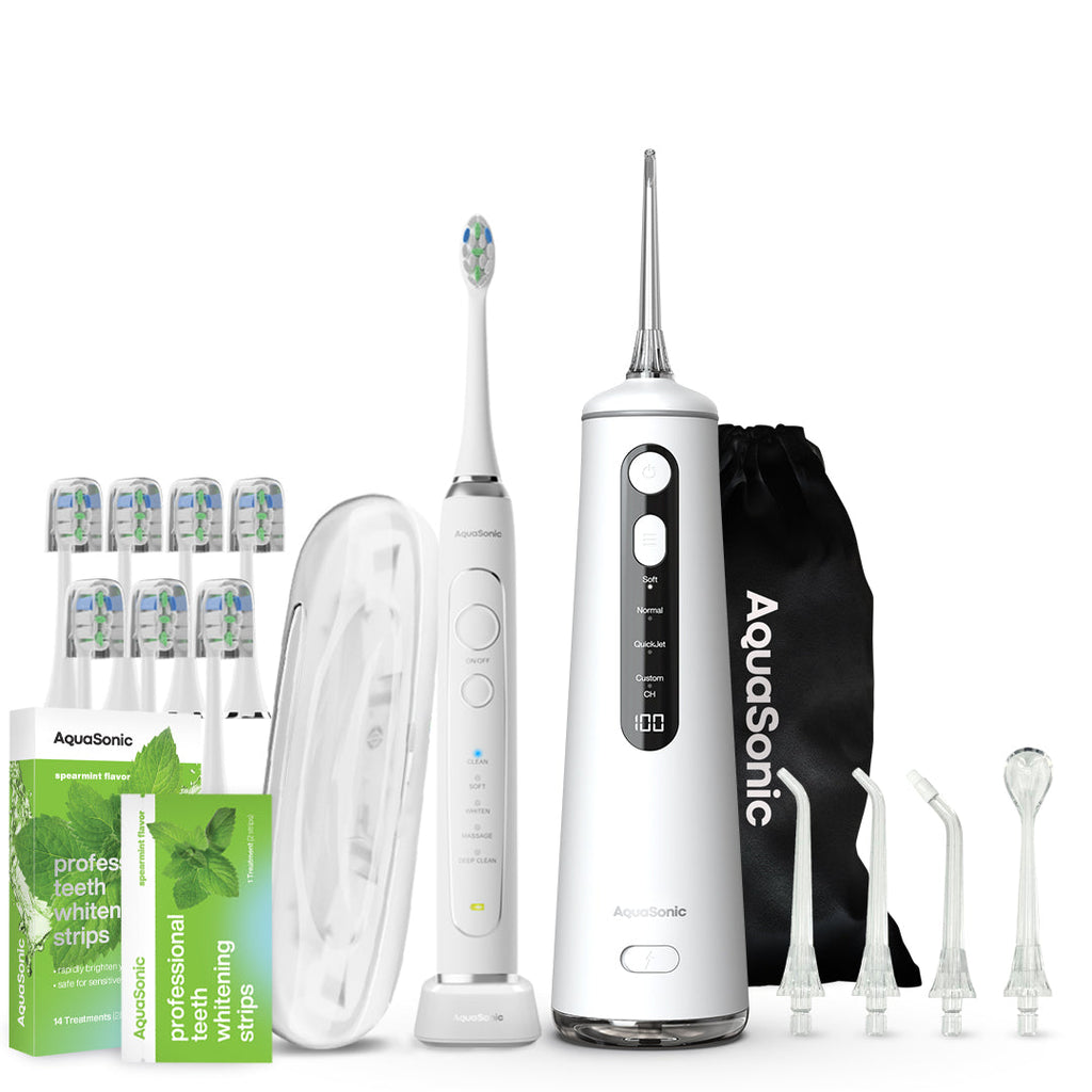 AquaSonic Ultra Whitening Elite Toothbrush, Flosser, & Whitening Strip Bundle