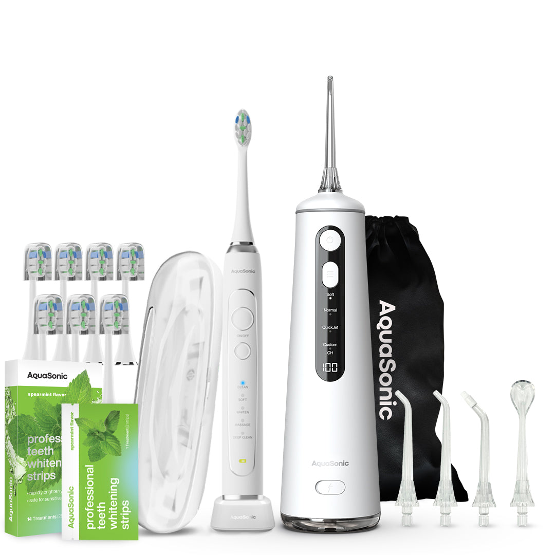 AquaSonic Ultra Whitening Elite Toothbrush, Flosser, & Whitening Strip Bundle